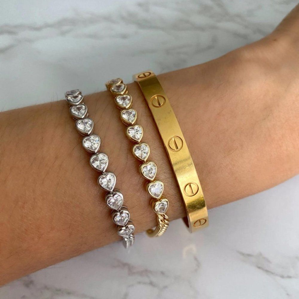 Silver Gold Plated Heart Tennis Bracelet